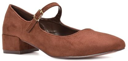 Women's Low Heel Court Shoes Ladies Brown Faux Suede Mary Jane Adjustable Buckle Strap Working Evening Shoes Size 6