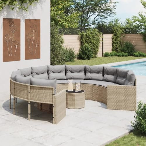 SDWEHO7 Gartensofa Poly Rattan Lounge Sofa Outdoor Sitzgruppe mit Tisch und Kissen, Gartenlounge Sitzgarnitur Gartenmöbel für Terrasse, Balkon, Rund Beige