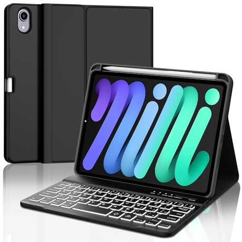 JADEMALL Custodia Tastiera per iPad Mini 7 (A17 Pro) 8.3 2024, Italiano QWERTY Tastiera Retroilluminata Bluetooth con Portapenne per iPad Mini 7/6 8.3, Nero