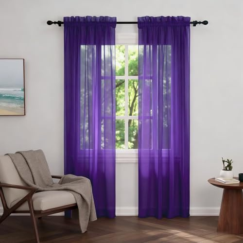 Zdada Scheibengardinen für Fenster 84 Tropfen, violette Voile-Vorhänge mit Schlitzen, halbtransparent, durchsichtig, Vorhang für Wohnzimmer, Küche, B 152 x L 213 cm, 2 Paneele