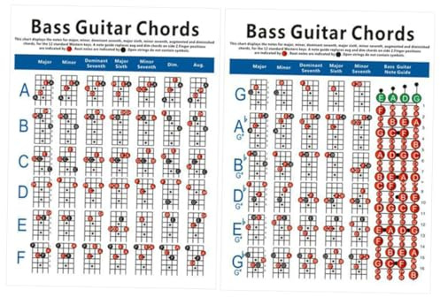 FUTUREORYY Akkordtabelle Papier Lern und Übungsdiagramm für 4-saitigen E-bass mit 72 Akkorden Inklusive Notentabelle Rückseite für Anfänger