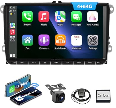 ESSGOO True 4+64G 9 inch Car Head Unit with Carplay and Android Auto, Android 15 Car Radio for VW Golf 5 6 Polo Touran B7 EOS Tiguan Seat Skoda with Bluetooth GPS RDS Navi FM AM SWC Rearview Camera