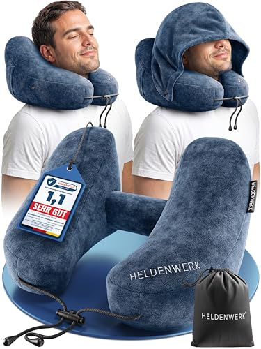 HELDENWERK® Premium Air Nackenkissen Flugzeug aufblasbar Reisekissen Auto | ErgoRing-Design, 5 Schlafpositionen, Mit abnehmbarer Kapuze, Sekundenschnell aufblasbar, 100% dicht, Kompakt zusammenfaltbar