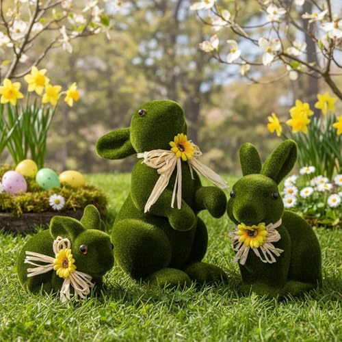 Lanpn 3er-Set Flauschige Osterhasen Moosgrün, Hasenfiguren in verschiedenen Posen für Tisch, Regal & Wohnraum, Frühlingsdeko