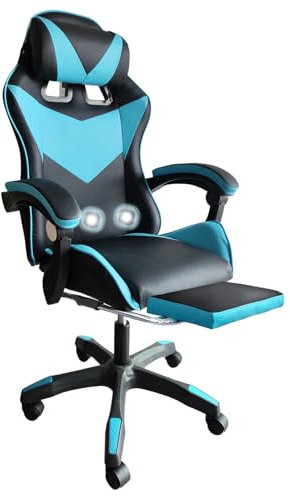 Yesuitme Gaming Chair, Computer Chair with Lumbar Cushion, Headrest, Height-Adjustable Office Chair Gaming Chair for Adults, Girls, Boys (With Footrest & Massage, Black+Blue)