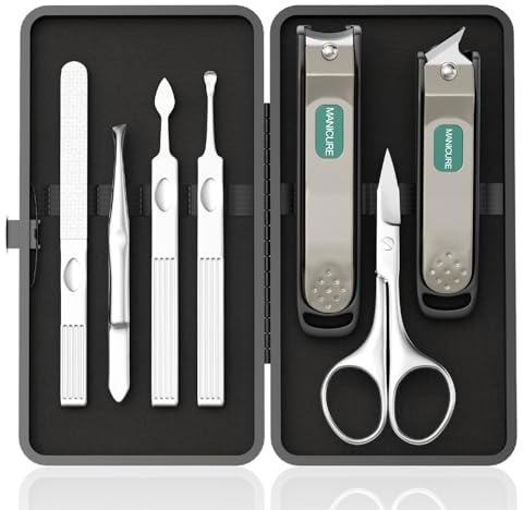 ESSBES Professional Manicure Set for Men & Women, 7-Piece Stainless Steel Nail Grooming Kit with Large Nail Clippers, Travel Manicure Kit in Black PU Leather Case