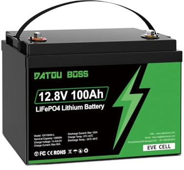 DATOUBOSS 12V 100Ah LiFePO4 Batterie, 1280Wh Lithium Batterie mit 100A BMS, 15000+ Deep Cycle für Wohnmobil, Boot, Solaranlage, Camping, Trolling-Motor (12V 100Ah-1PCS)
