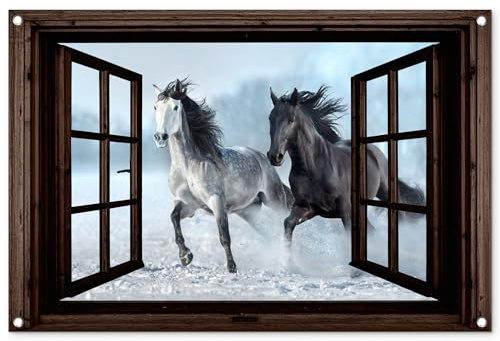 MuchoWow© Gartenposter Outdoor Bilder Gartendeko für draußen Wetterfest | 90x60 cm - Garten Zaun Deko Banner Draußen Bild Gartenzaun Pferde - Winter - Tiere - Natur - Durchblicken