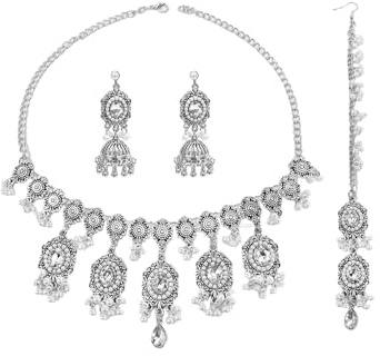 IMINI Indian Jewellery Set for Women, Antique Silver Choker Necklace & Jhumka Earrings - Wedding Head Chain Maang Tikka, Floral CZ & Pearl Tassel, Festive Ethnic Jewellery