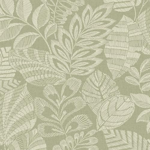 Grandeco Madou Leaf Tapete grün A86402 – Genähter Effekt Floral Trail – erhöhtes strukturiertes geblasenes Vinyl-Vlies, Wand einkleistern, extra waschbar, 10,05 m x 53 cm