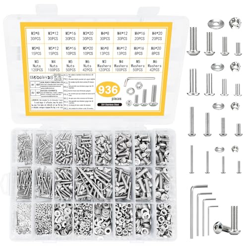 Set di 936 viti M3 M4 M5 M6, viti a testa tonda con esagono interno, set di viti e dadi in acciaio inox con esagono interno, viti a testa bombata con filettatura e rondelle