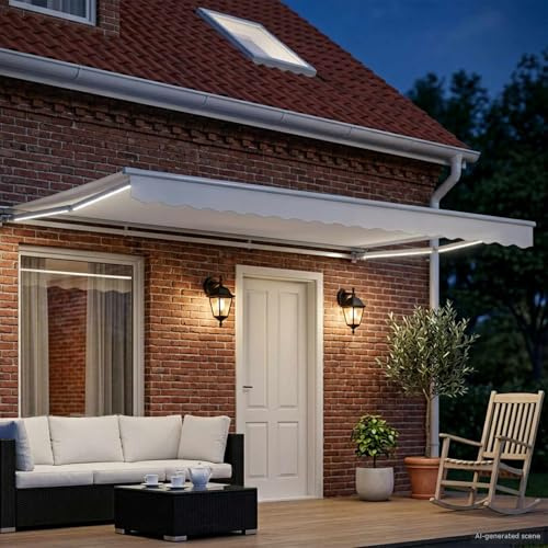Tente électrique rétractable blanche 4 x 3 m | Tissu en polyester avec revêtement PU, cadre en acier et aluminium, télécommande et manivelle incluses, design