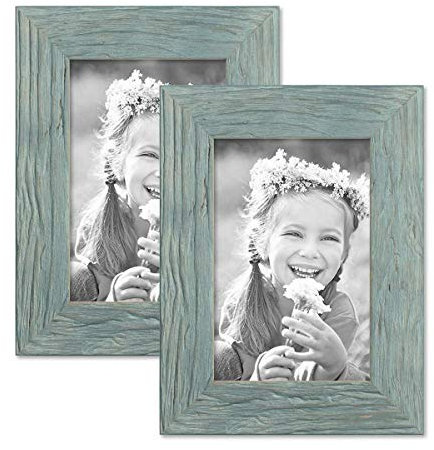 Bilderrahmen 10x15 cm Holz Blau, 2er Set Echtholz-Rahmen rustikal, Strandhaus, Made in Germany, Echtglas, zum Aufhängen & Aufstellen, extra Zubehör - Treibholzlook mit einem Hauch Küstenflair
