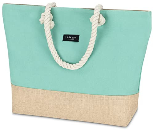 LARKSON Bolso de Playa Bolso de Viaje para Hombre y Mujer Hecho de Resistente Lona de Algodón y Yute - Bolsa para Nadar con Cómodas Asas Amplias - Gran Bolso Tote con Cremallera