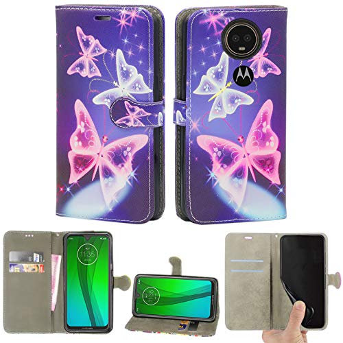Mobile Stuff Motorola Moto G7 Power Case, Leather Wallet with Flip Cover, Credit Card Pockets and Stand Compatible For Moto G7 Powe (6.2) (Butterfly Blue)