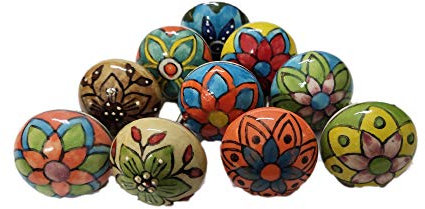 Lot de 10 boutons de porte en céramique assortis à motif floral vintage pour armoires, armoires et tiroirs (plats) (mélangé-1)