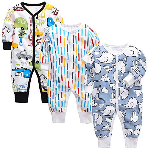 amropi Unisex Baby Boys Print Rompers 3-Pack Long Sleeve Jumpsuit One-Piece Outfits for 0-24 Months
