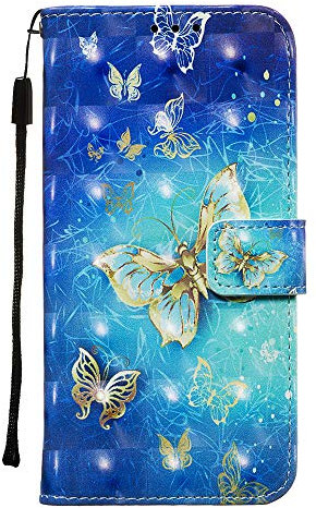 Samsung Galaxy A12 / M12 5G Case, 3D Painted Flip Shockproof PU Leather Wallet Protective Cover with Magnetic Stand Card Holder Soft TPU Bumper Shell for Samsung A12 / M12 Phone Case, Blue Butterfly