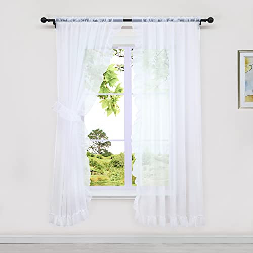 HeichkelL 2er Gardinen Glatt Volant Transparente Vorhänge mit Rüschen Fensterschals Tunnelzug Gardinenstores für Mädchnzimmer Weiß, BxH 150x170 cm (je Stück)