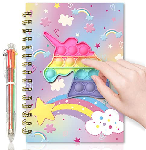 Pop-Notizbuch für Kinder, Zappel-Mädchen-Tagebuch, 21,6 x 13,5 cm, 160 linierte Seiten mit 6 mehrfarbigen Stiften, Spiral-Tagebuch für Teenager, Schule, Schreiben, Zeichnen, Pop-Einhorn, Geschenke,