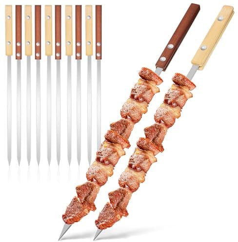 BESTonZON 12 Pcs Turkish Skewers with Wooden Handles Stainless Steel kabob skewers, Metal Stainless Steel BBQ Skewer with Wooden Handle for Grilling
