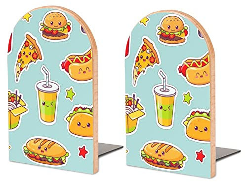 Packung Mit 2 Buchstützen Pommes-Burger-Muster Rutschfester Bücherständer Aus Holz Bücherregal Bücherhalter Für Home Desk Office Library