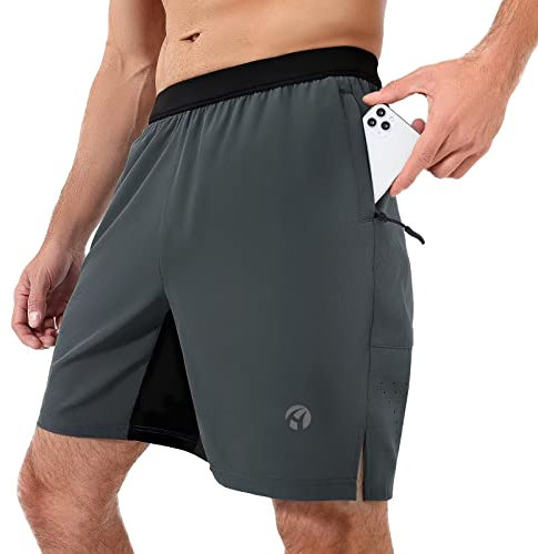 HMIYA Sporthose Herren Kurz Atmungsaktiv Sports Shorts Schnell Trocknend Kurze Hosen Leicht mit Reissverschluss Taschen (Dunkelgrau,L)