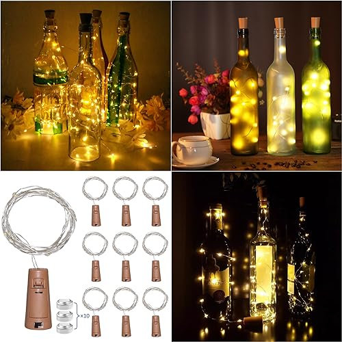 Akynite Lichterketten Innen Warmweiß mit Kork, Korken LED Flaschenlicht, 20 LEDs 2M Lichterkette Wasserdicht, Korken Lichterkette Warmweiss, Deko für Flaschen für Weihnachten Party, 10er-set