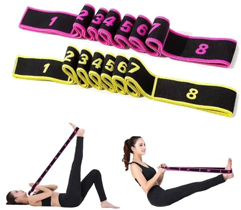 Flyicloud 2 Stück Yoga Stretching Band, Fitnessband Mit 8 Schleifen, Dehnungsband für Fitness, Pilates, Tanztraining