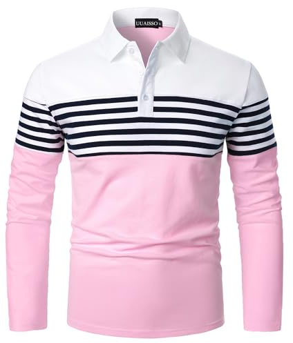 UUAISSO Polo à Manches Longues pour Homme Polo à Rayures Couleur Contrastée Coupe Ajustée Coton Golf Polos