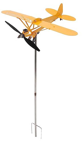 Wifehelper Piper J3 Cub Avion Girouette Pelouse Patio Girouette Indicateur Moulin à Vent Décor Cour Passionné Jardin pour Toit Jaune Avion Girouettes (L)