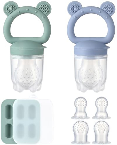 2 Pack Silicone Baby Fruit Feeder with Mini Freezer Tray, Breastmilk Popsicle Molds for Baby Teething Relief, Fresh Food Feeder for Safe Infant Self Feeding, Extra Food Pouches