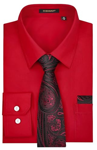 HISDREN Men Shirt and Tie Set Burgundy Dress Shirt for Men Adult with Pocket Formal for Wedding Party Button Down S