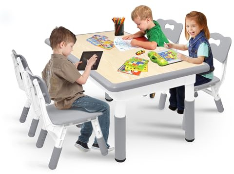 UISEBRT Mesa infantil con 4 sillas, grupo de asientos para niños a partir de 2 años, juego de mesa de plástico para guarderías y habitaciones infantiles, color gris