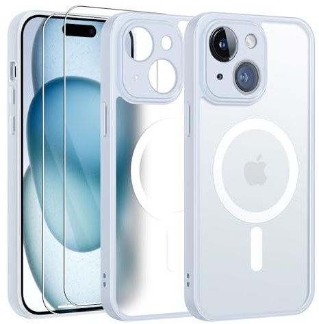 FLLAO Magnétique Coque pour iPhone 15 avec 2 Verre Trempé, Compatible avec MagSafe, Protection d'objectif Tout Compris, Etui Translucide Mat Arrière Housse Fine Antichoc Case, Bleu