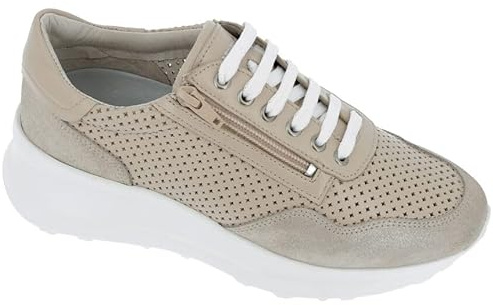 Hergos, Sneakers da Donna in Pelle Traforata con Cerniera Laterale, Sabbia