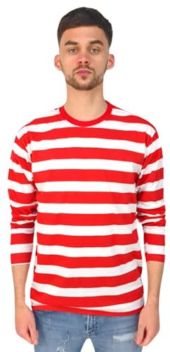 Red White Mens Long Sleeve Striped T-Shirt Casual Classic Horizontal Striper Tee(Red/White, M)