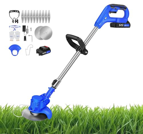 Garden Strimmer Cordless Strimmer Grass Trimmer Metal Blade Cordless Strimmer with 15000mAh Battery and Charger, 10x Metal Blades, 2x Circular Saw Blades, Garden Strimmer Cordless for Lawn Garden