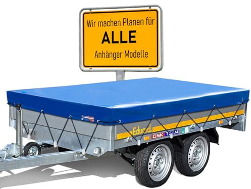 Hochwertige Eduard Anhängerplane - 406 x 200 cm Innenmaß - Anhänger Plane Blau Hochglanzlackiert - Flachplane PKW-Anhänger - wasserdichte PVC Abdeckplane mit Anhänger Zubehör