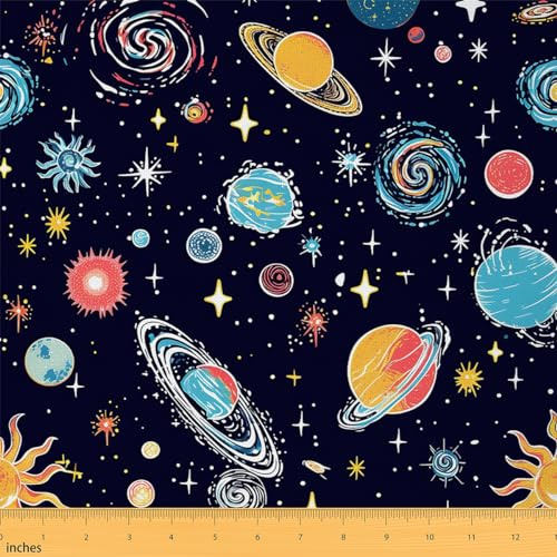 Galaxie Universum Stoff für Kinder,Bunte Planeten Polsterung Stoff,Glitter Sternenhimmel Sterne Dekorative Stoff,Kosmischer Nebel Innen Außenbereich Stoff,Blau Golden,184x150 (HxB)
