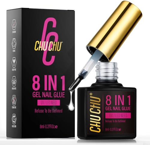 8 en 1 Colle pour Faux Ongles: CHUCHU Gummy Base Pose Americaine - Colle Capsule Americaine Ongle Gel UV Nail Glue pour des Ongles à Longue Durée 8ML