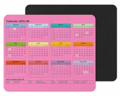 Vixar Calendar 2025 Mouse mat pad for UK with Holiday Non Slip PC Desktop Laptop for Office home (Pink)