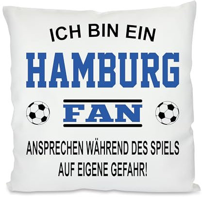 Herzbotschaft Fussball Kissen | Ich Bin EIN Hamburg Fan - Ansprechen während des Spiels auf eigene Gefahr | Dekokissen für Fußballfans | Hülle und Füllung | 40cm x 40cm | versteckter Reisverschluss