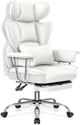 DoChair Bürostuhl Ergonomisch mit Fußstütze und Lendenwirbelstütze, PU Leder Chefsessel mit Lendenwirbelstütze und hoher Rückenlehne,Komfortabler Bürostuhl 200kg (weiß)