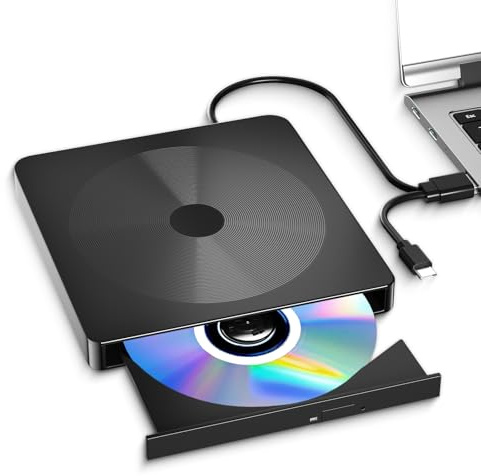 Alphami External CD/DVD Drive for Laptop – USB 3.0 & Type-C Portable DVD/CD Burner, Plug & Play Disc Reader, Slim Optical Drive Compatible with Windows PC, Mac, Linux