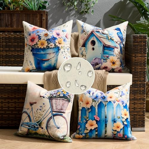Cheekywares Kissenbezug 40 x 40 Frühling Moderne Sofakissen Wasserdicht Leinen Kissenhülle Blumen Birdie Fahrrad Dekorativ Kissenbezüge für Sofa Außen Balkon Terrasse Patio Garten 4er Set