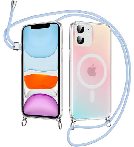 Xylota Handyband für iPhone 11 Hülle mit Band,Kompatibel mit MagSafe, Irisierend Farbverlauf Handyhülle Stoßfeste Case mit Kette Kordel zum Umhängen,Matt Bunt Schutzhülle für iPhone 11 6,1, Blau