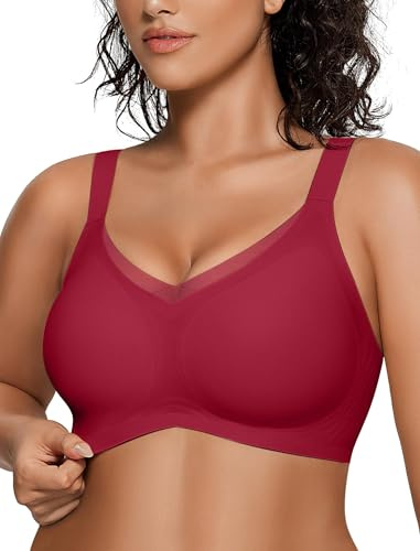 OEAK Womens Wireless Bras V Mesh Comfortable Bralette Supportive Tshirt Bra No Underwire Seamless Push Up Everyday Bras, Red, L