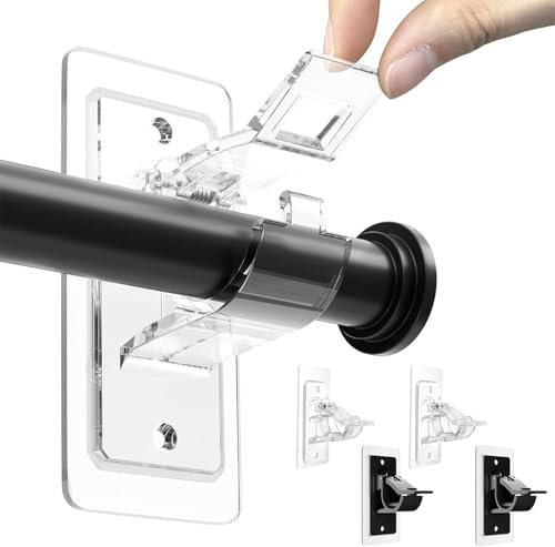 BelleVive 4 Piece Curtain Rod Holder No Drilling, Self-Adhesive Curtain Rod Brackets, No Hole, Multi-Purpose Curtain Rod Hook No Nails for Bathroom, Transparent + Black