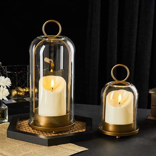 Ganwu 5&4 Metal Candle Holder with Handmade Glass Dome in Brass & 2 Timer Candles, Set of 2 Versatile Hurricane Glass Candle Holders for Pillar Candles & Plants